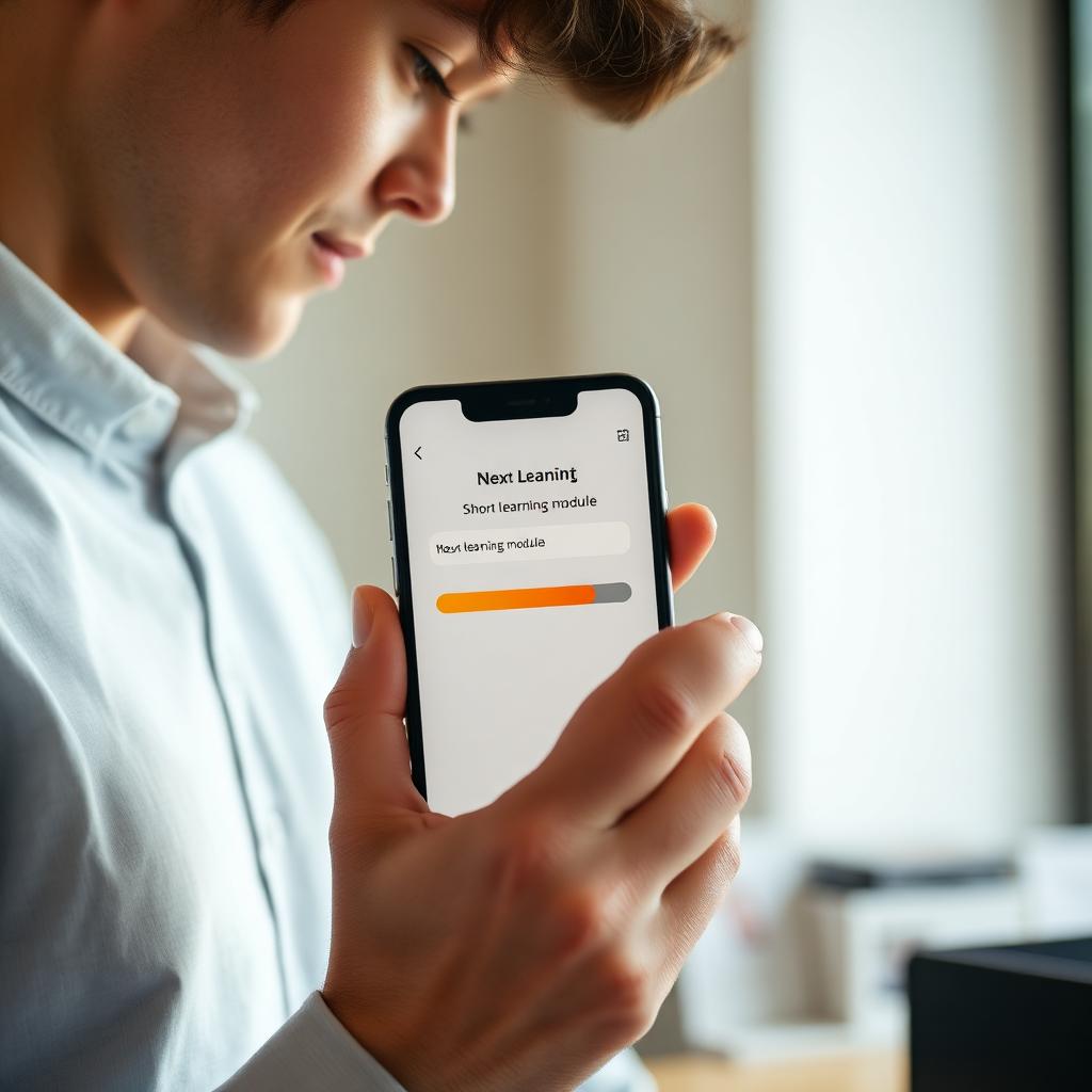 Medarbetare tar del av en kort lärmodul på sin telefon